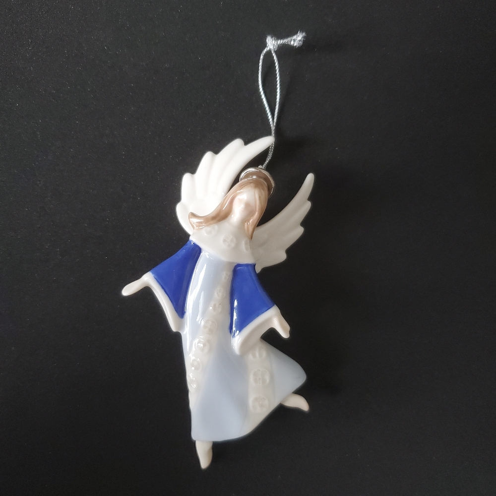 Russ Berrie Angelic Creations Blue White Ceramic Angel  Christmas Ornament